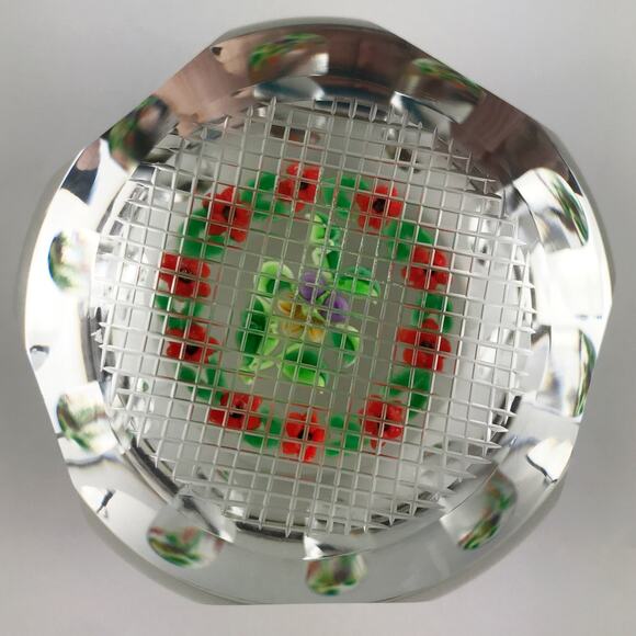 Perthshire 1998D Garlanded Pansy Lampwork Flower Leaves Clear Facet Paperweight - Picture 2 of 15